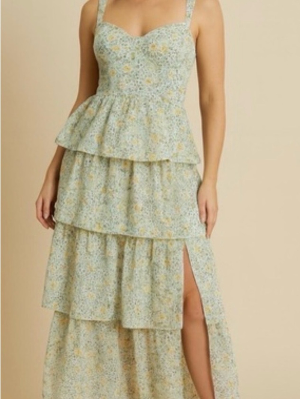 Astr Tiered Floral Maxi Dress in Pale Blue and Yellow